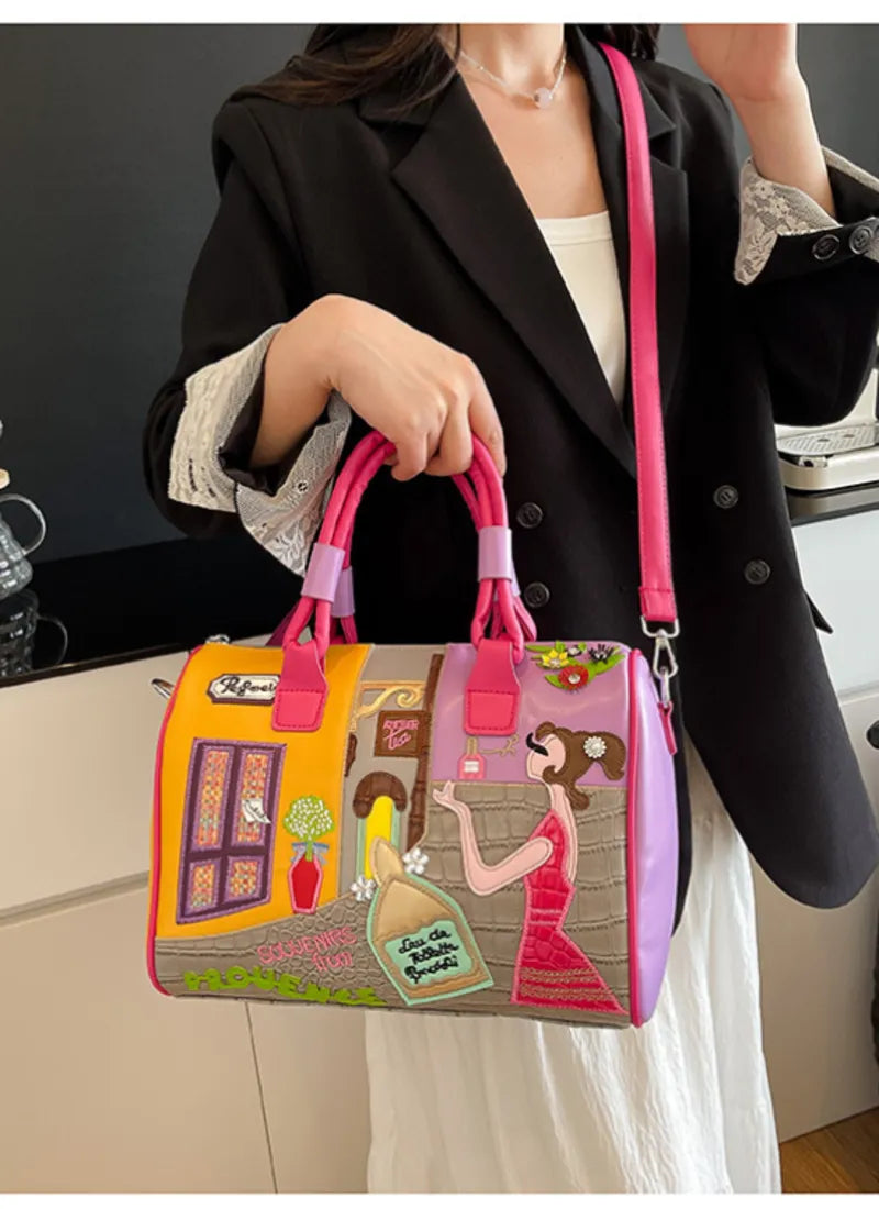 Parisian Cartoon Boston Bag – Premium Leather Lined Tote