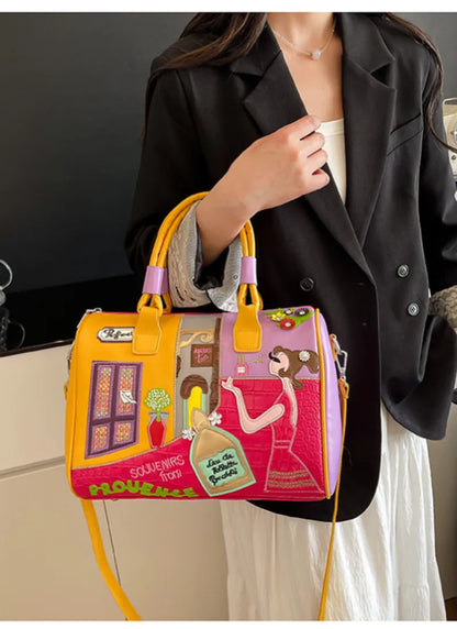 Parisian Cartoon Boston Bag – Premium Leather Lined Tote
