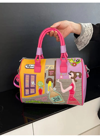 Parisian Cartoon Boston Bag – Premium Leather Lined Tote