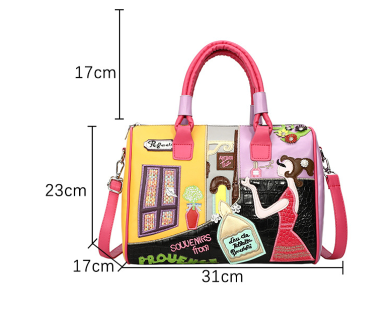 Parisian Cartoon Boston Bag – Premium Leather Lined Tote