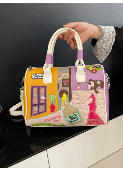 Parisian Cartoon Boston Bag – Premium Leather Lined Tote