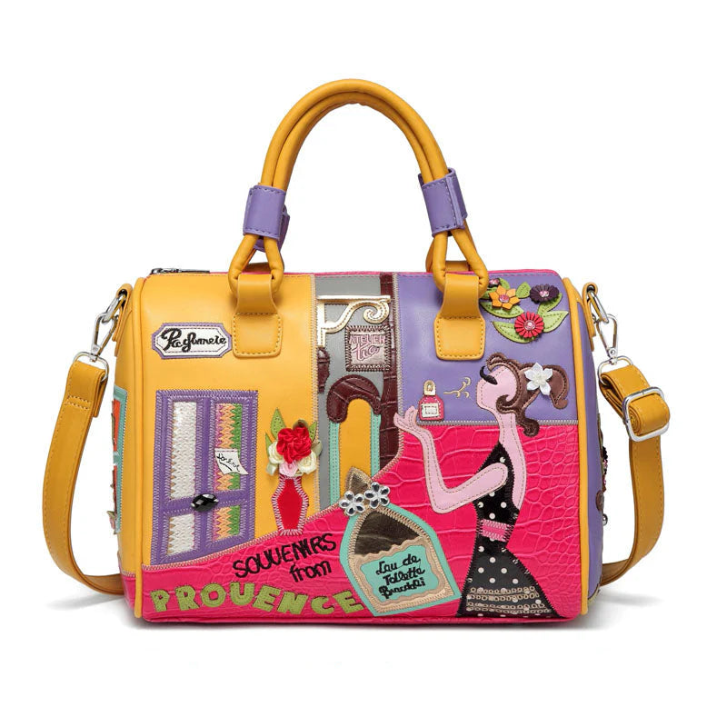 Parisian Cartoon Boston Bag – Premium Leather Lined Tote